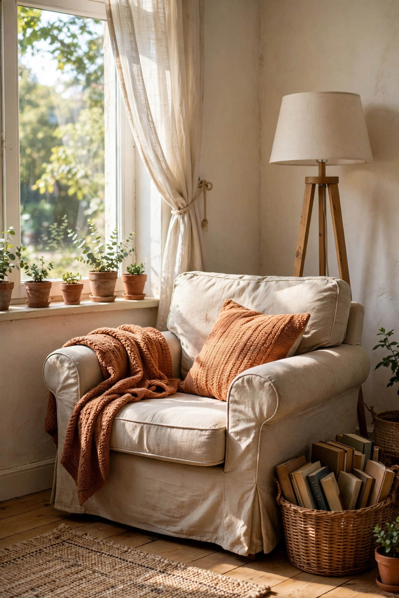 A cosy reading nook with an armchair, floor lamp, and books by a window