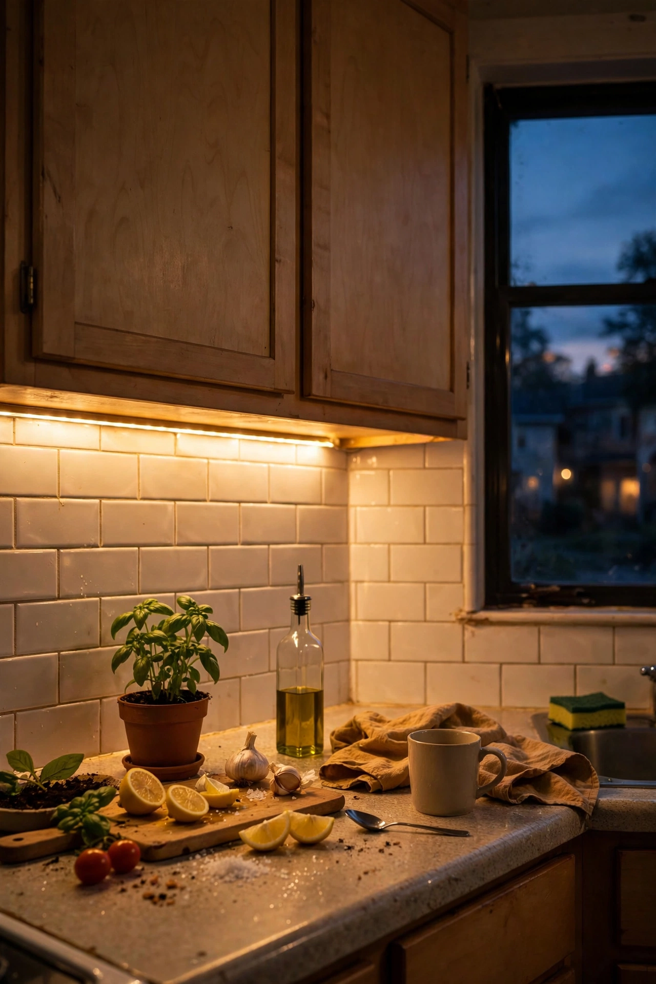 Warm LED strip lighting glowing under kitchen wall cabinets at night