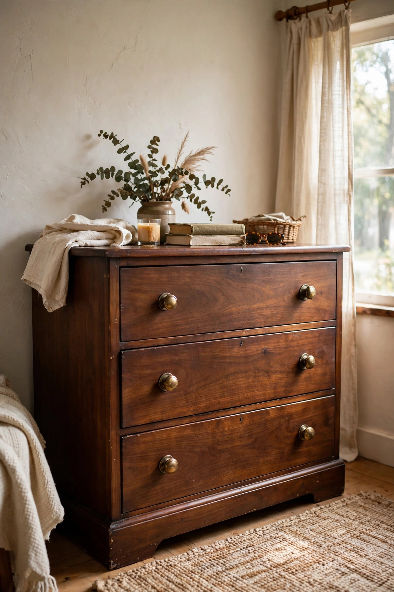 A thrifted wooden dresser refinished with walnut stain and brass knobs