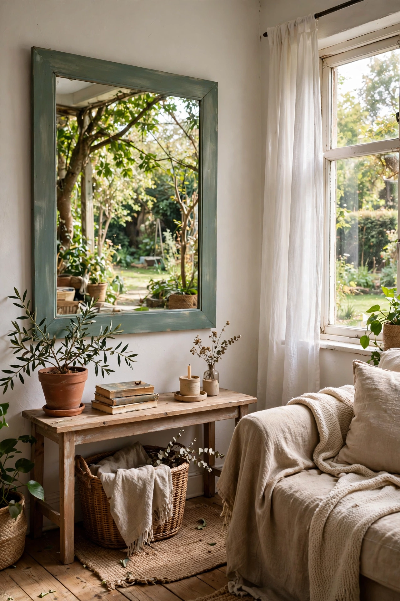 A large thrifted mirror with a painted frame reflecting a garden view