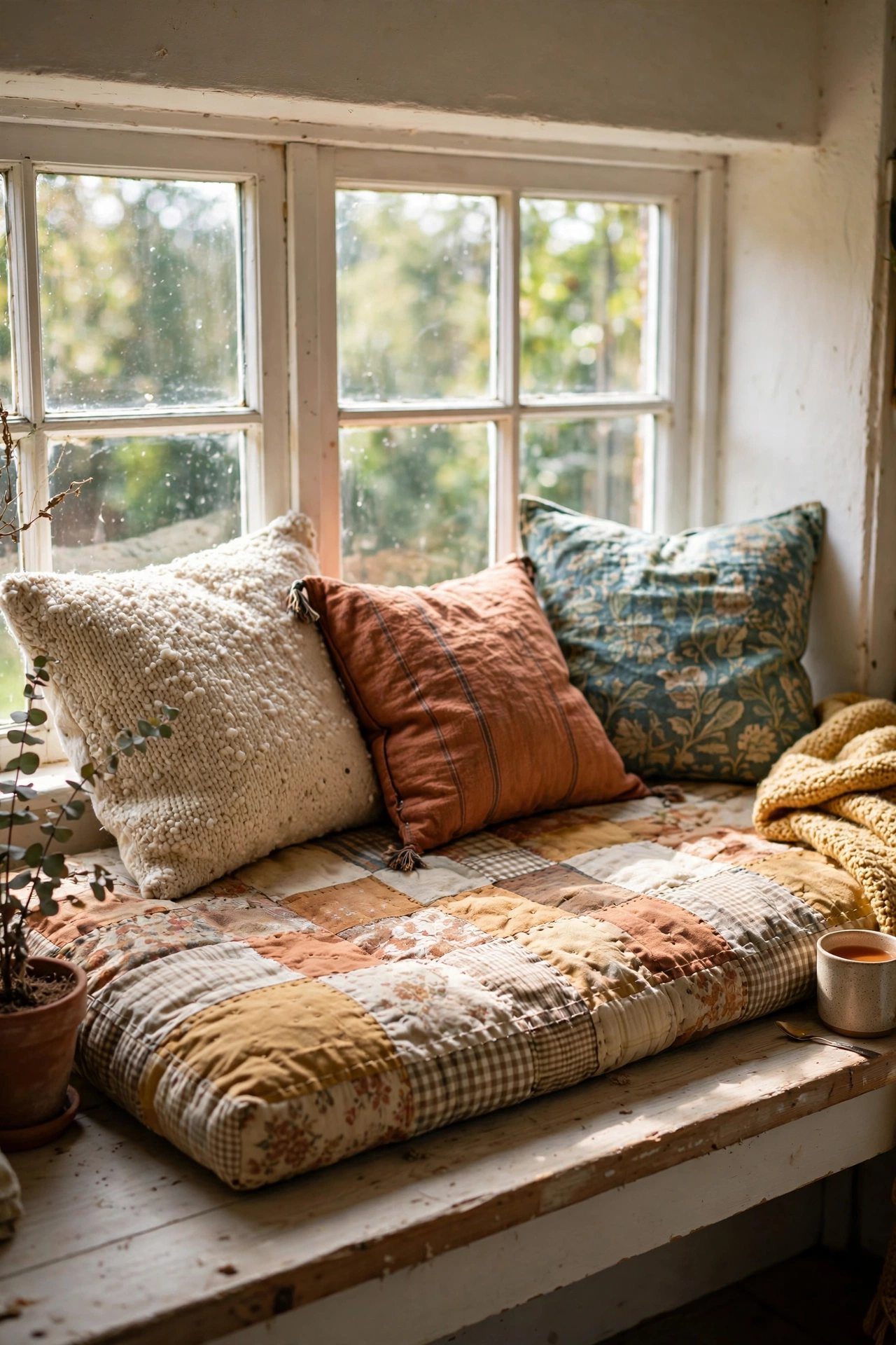 A handmade window seat cushion with throw pillows on a wide windowsill