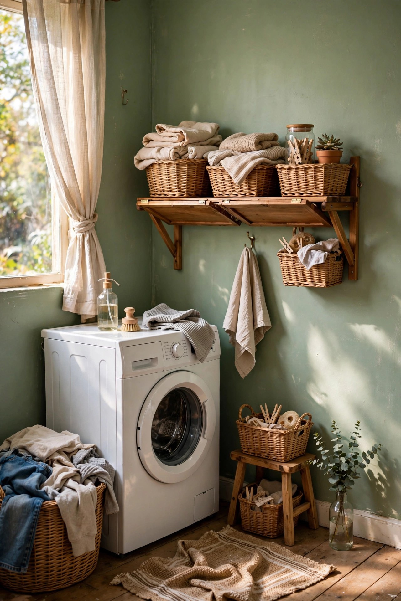 A small laundry room painted cheerful sage green with a folding shelf