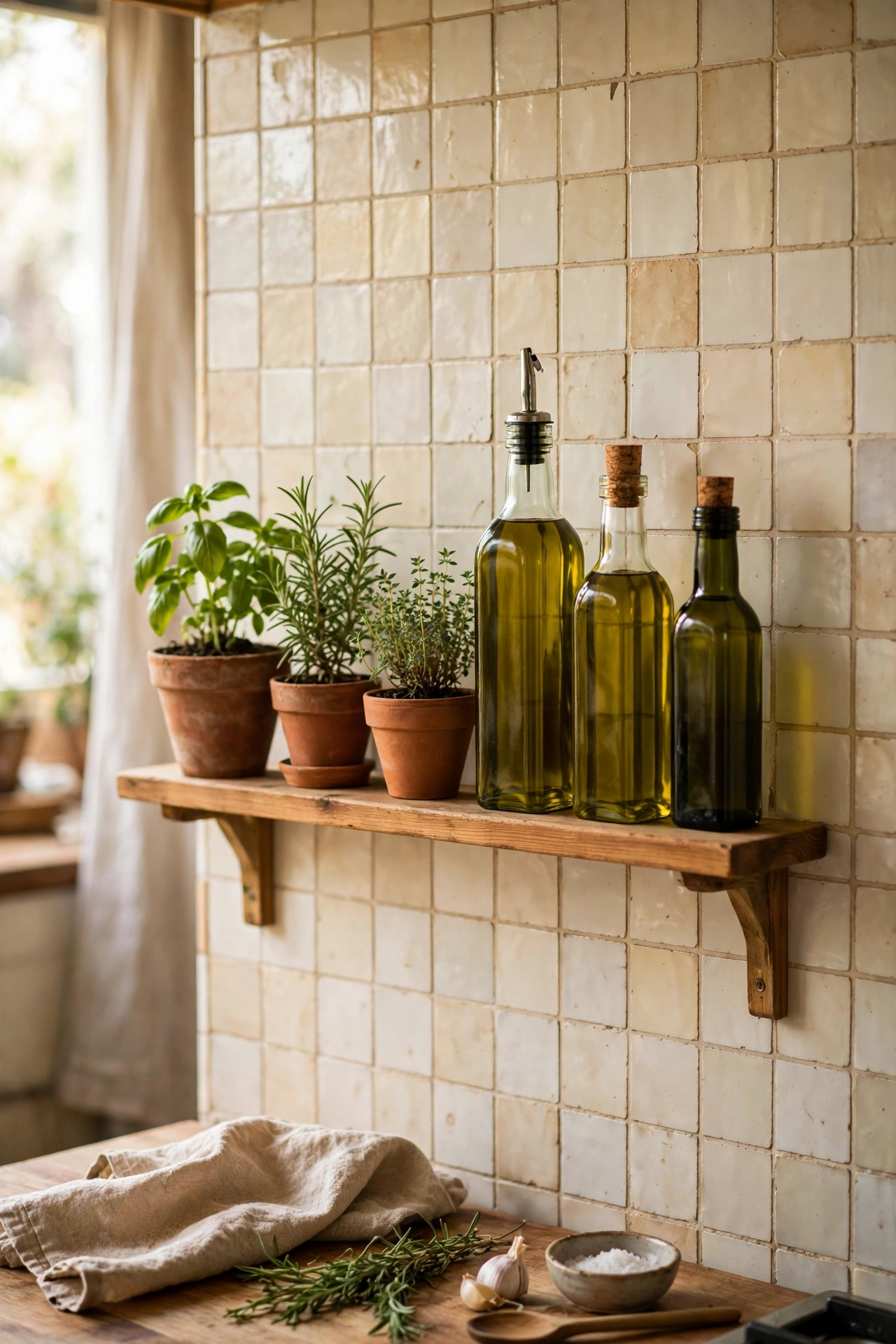 A narrow picture ledge shelf on a kitchen backsplash holding oils and herbs