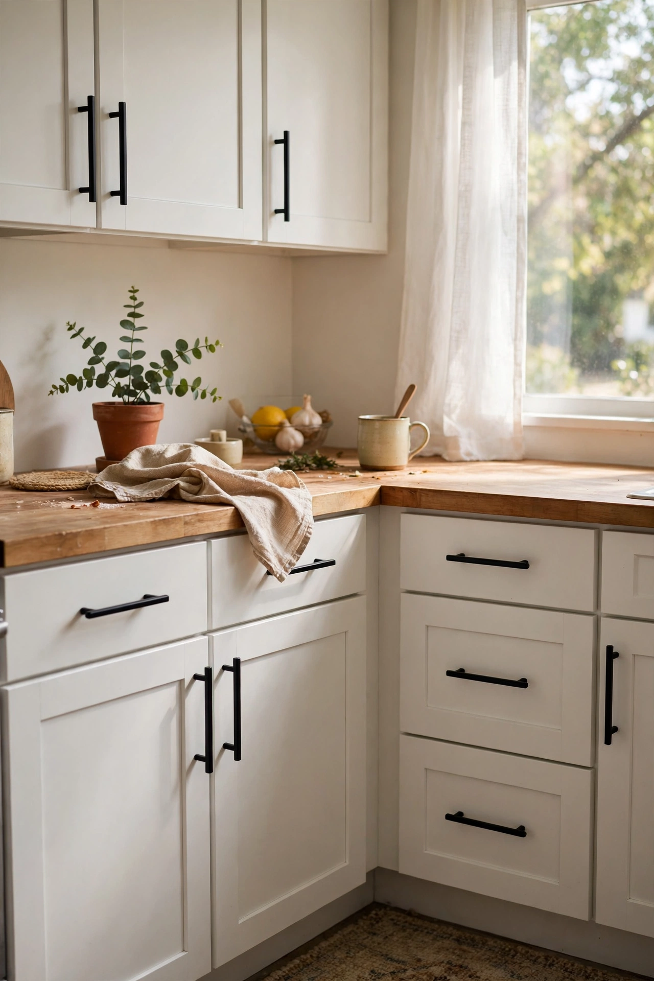 Kitchen cabinets with new matte black bar pulls looking custom