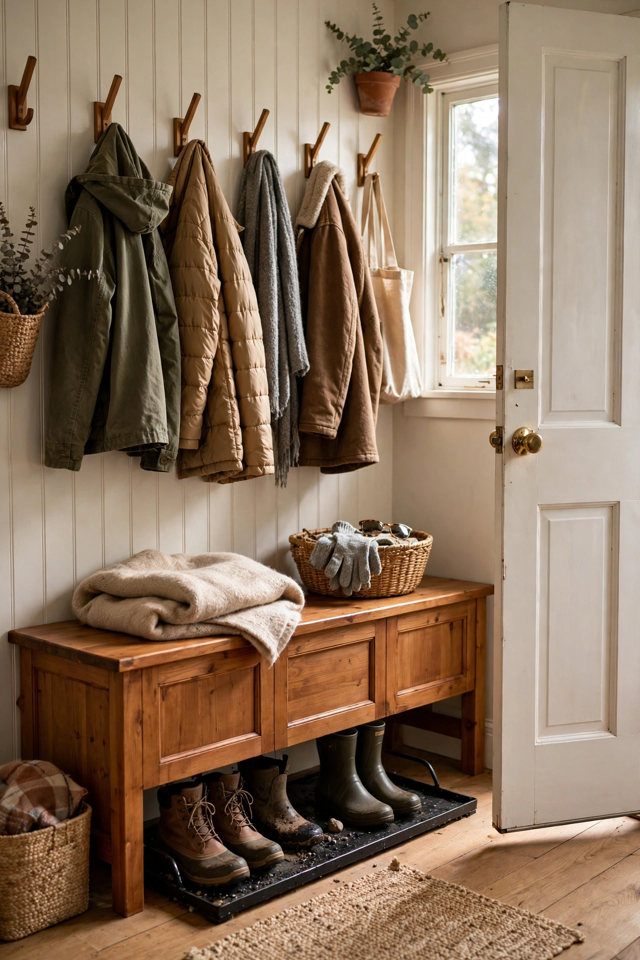 A mudroom corner with a bench, wall hooks, and a boot tray by a front door