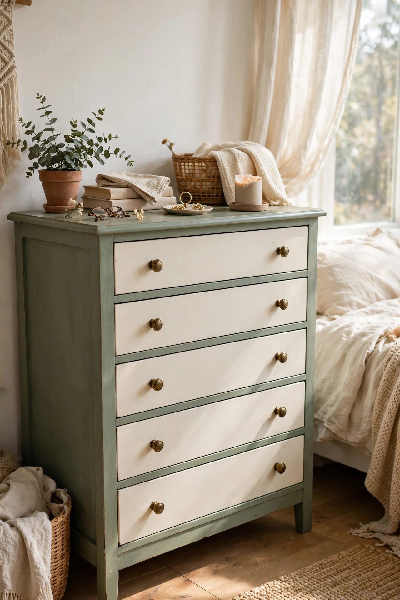 A dresser painted two-tone sage green with cream drawers in a bedroom