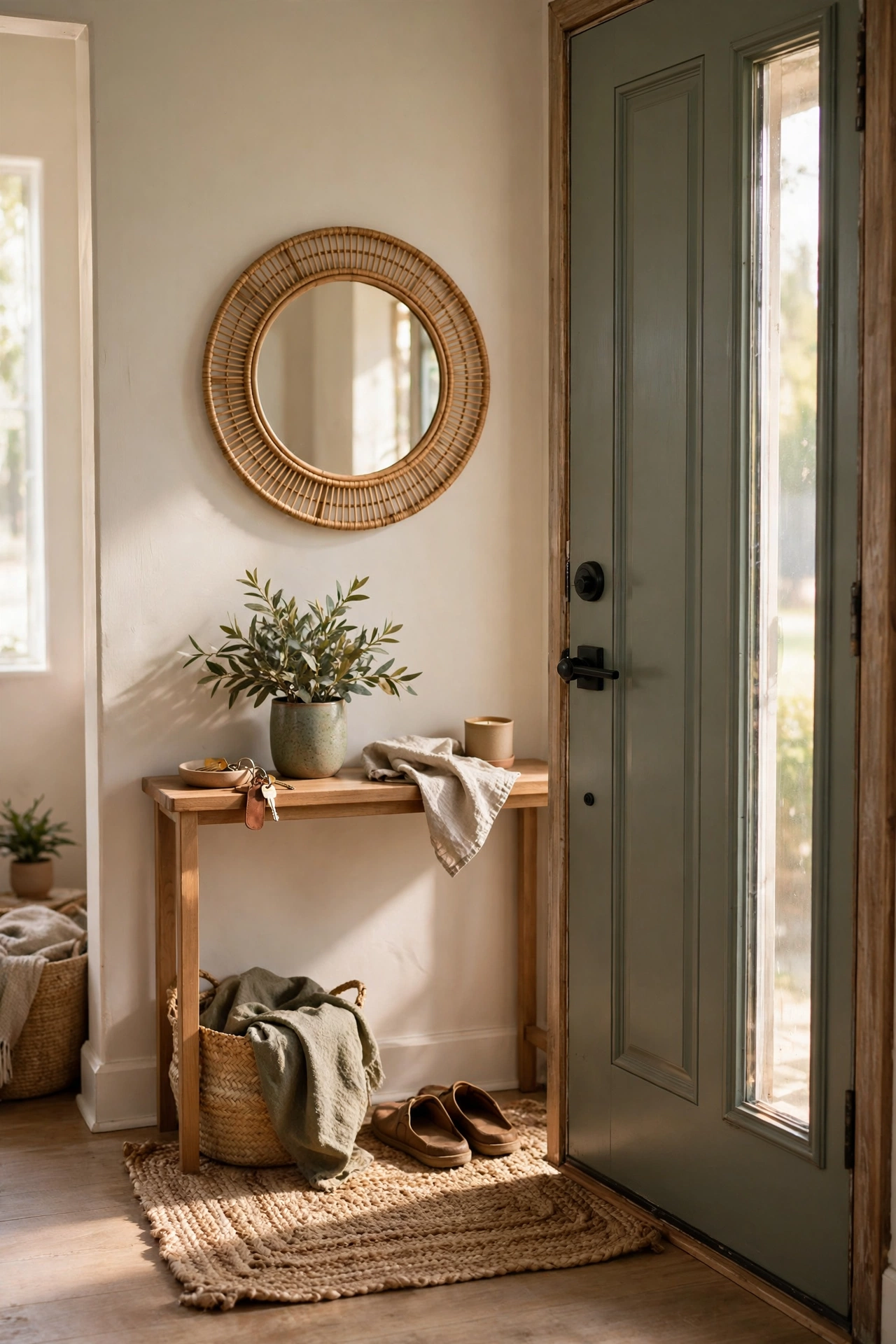 A calm styled entryway with a mirror, key tray, plant, and rug