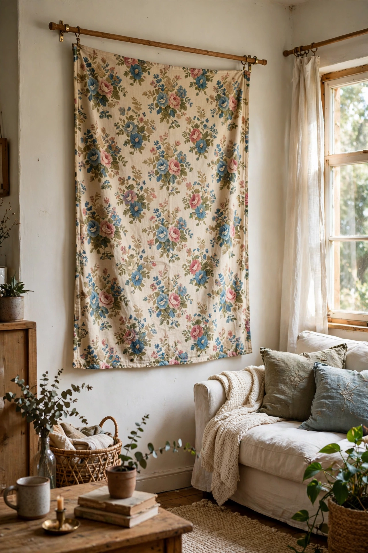 A vintage floral fabric panel hung as wall art on a curtain rod
