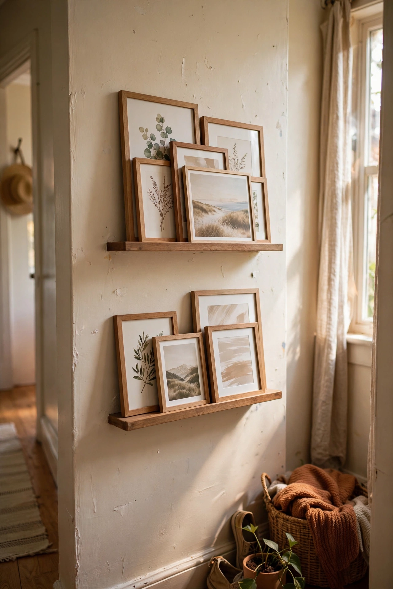 Picture ledges with framed prints arranged as a rotating gallery wall