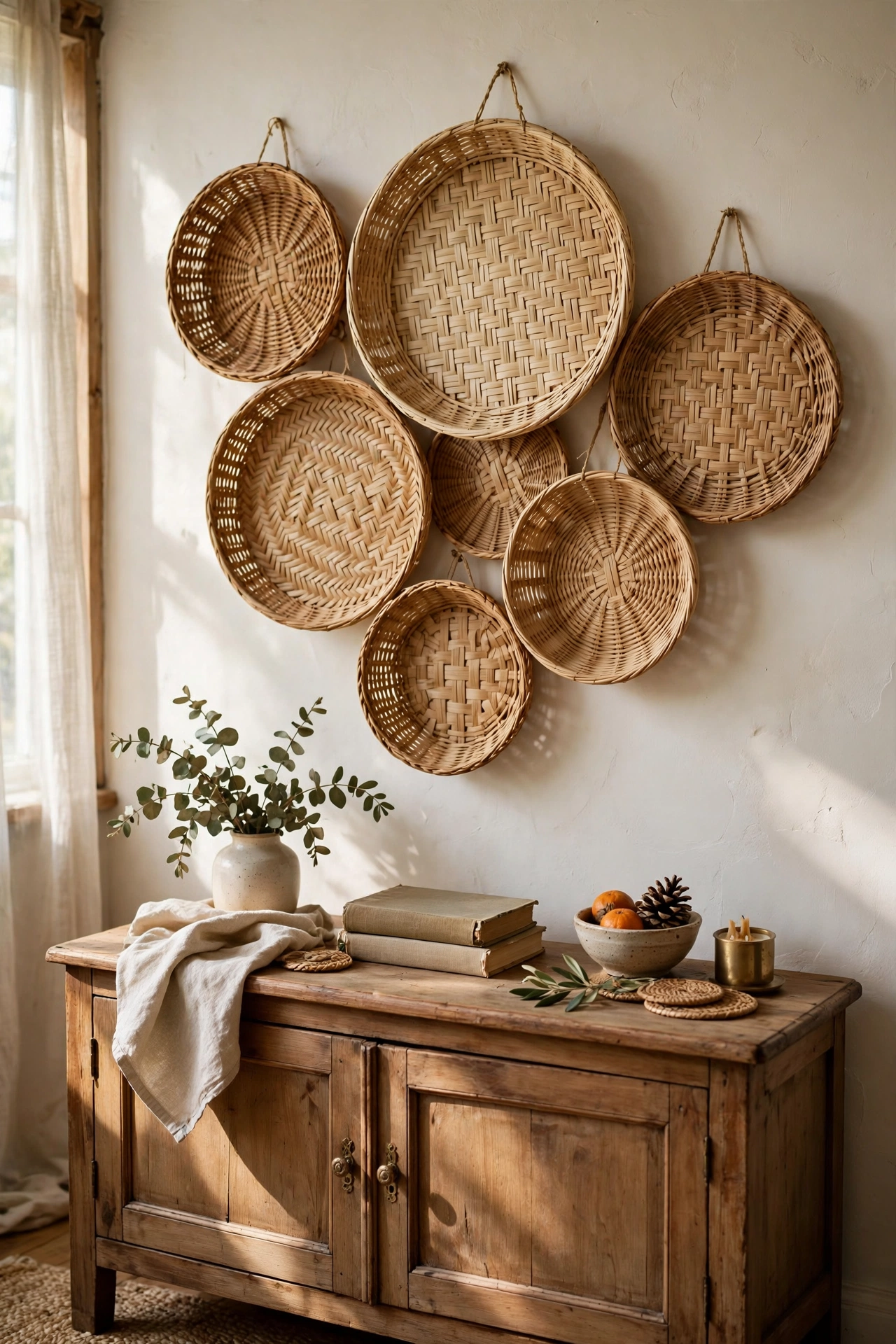 A cluster of flat woven baskets hung as wall decor over a sideboard