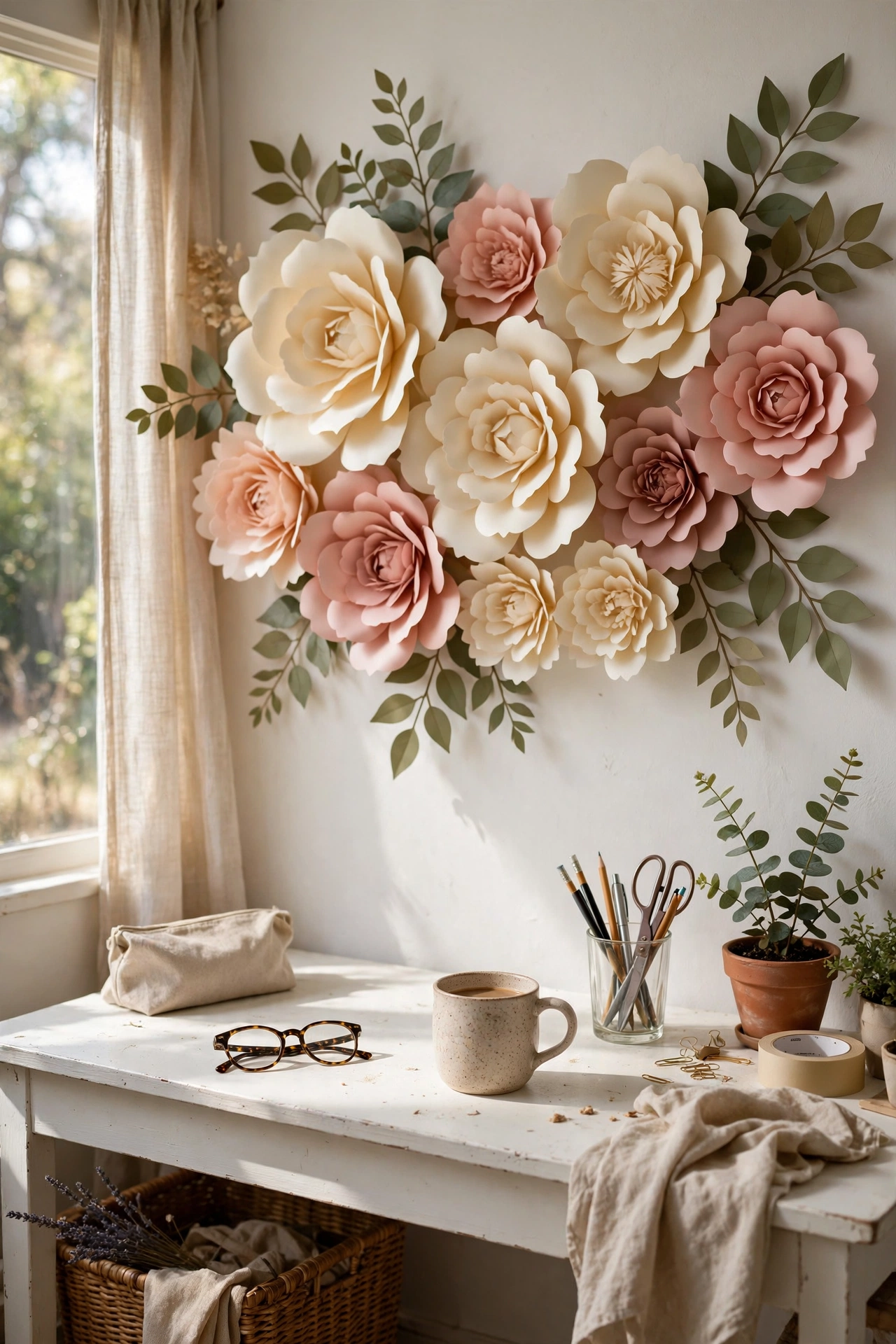 Giant cream and blush paper flowers clustered as wall art over a desk