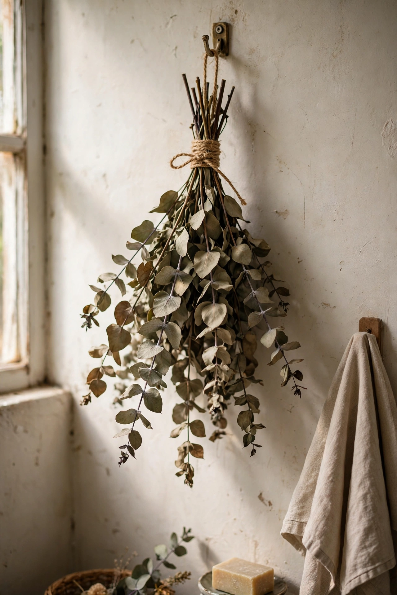 A bundle of dried eucalyptus branches hung upside down on a bathroom wall