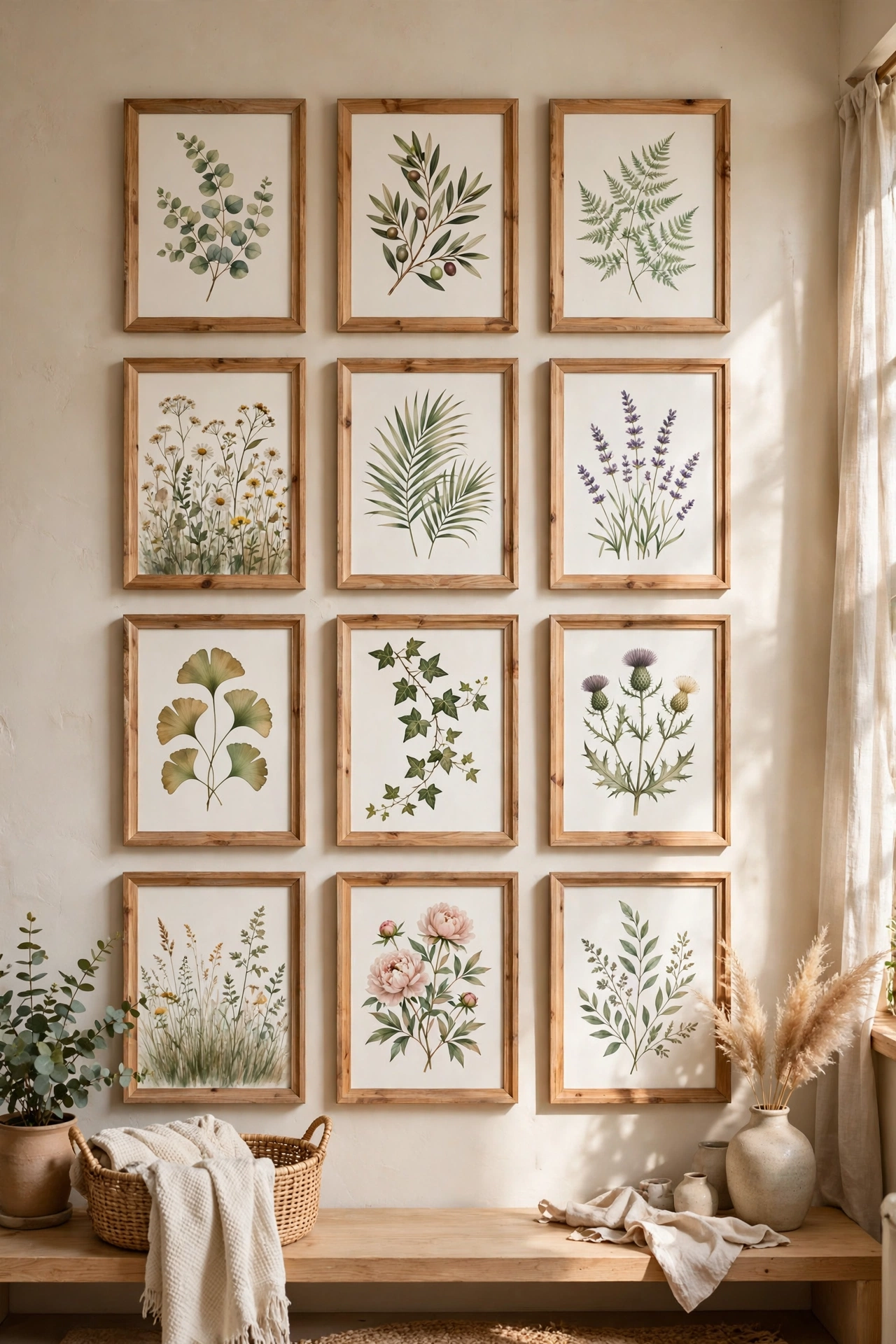 Framed wallpaper samples arranged as a botanical grid gallery wall