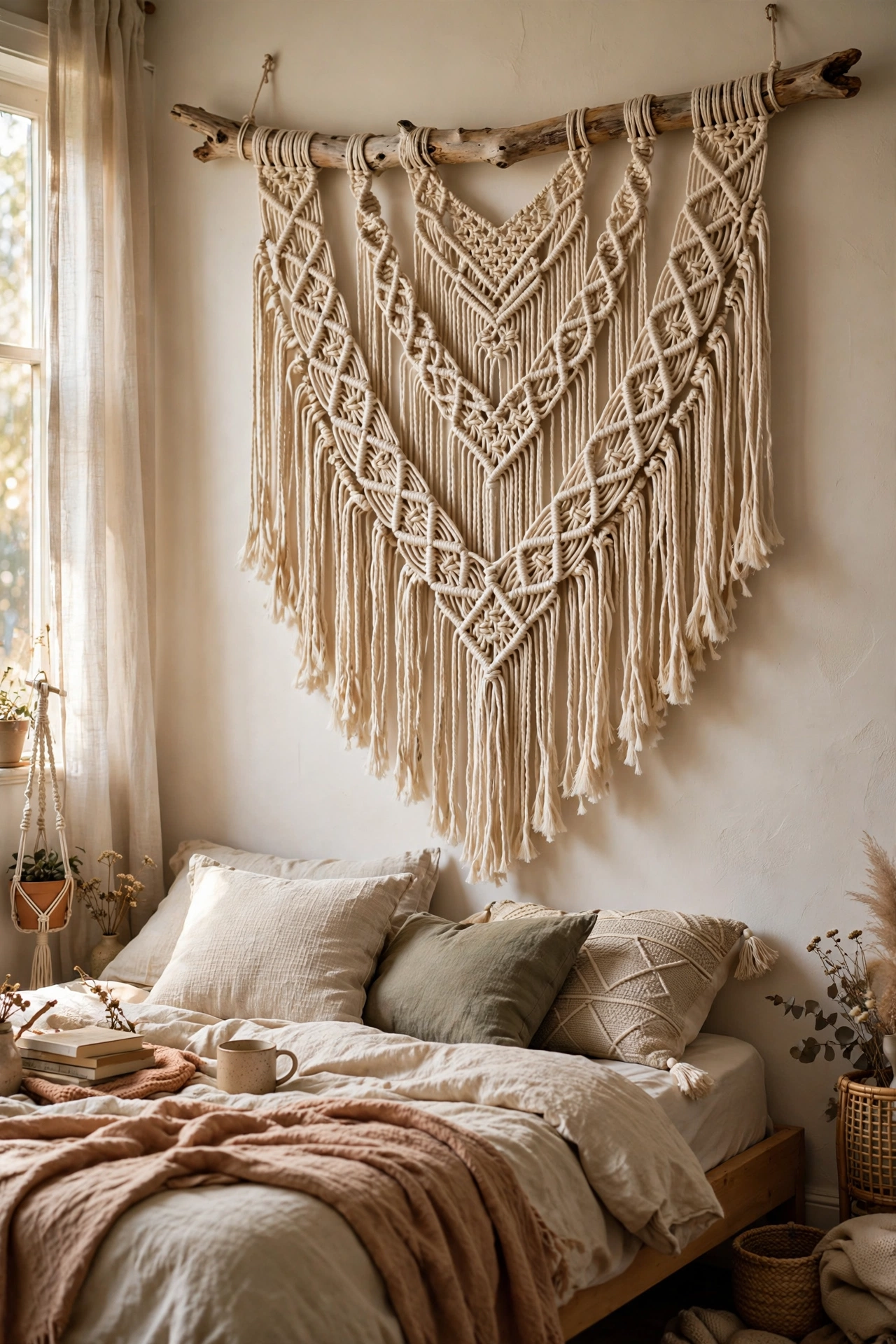 A large handmade macrame wall hanging with fringe over a bed