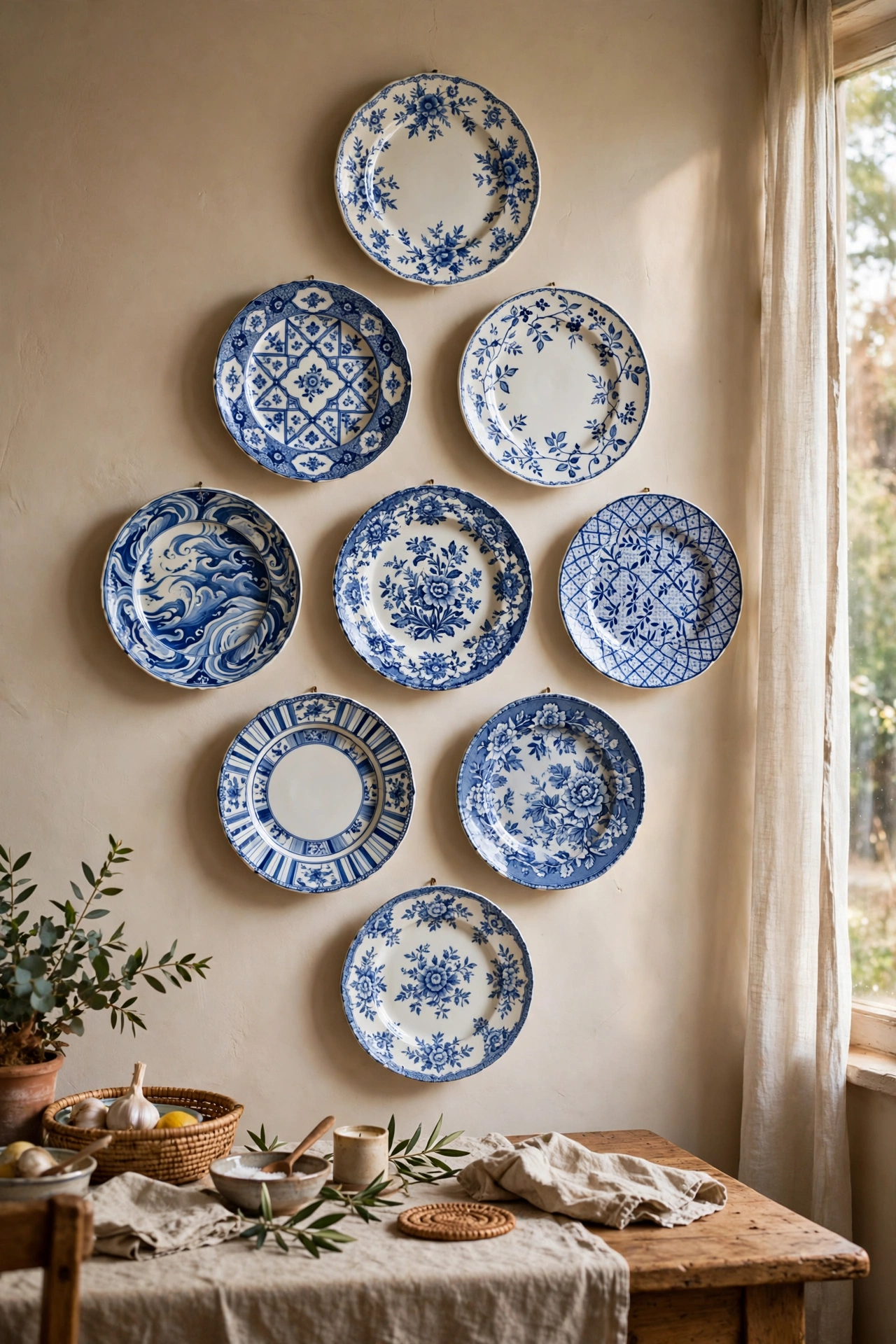 Blue and white decorative plates hung in a diamond pattern on a dining wall