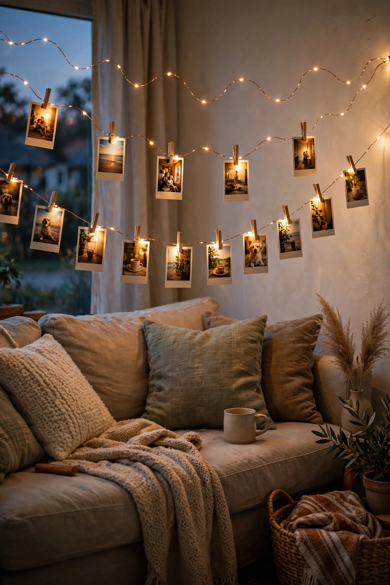 Copper fairy lights with clipped photos draped over a sofa as wall decor