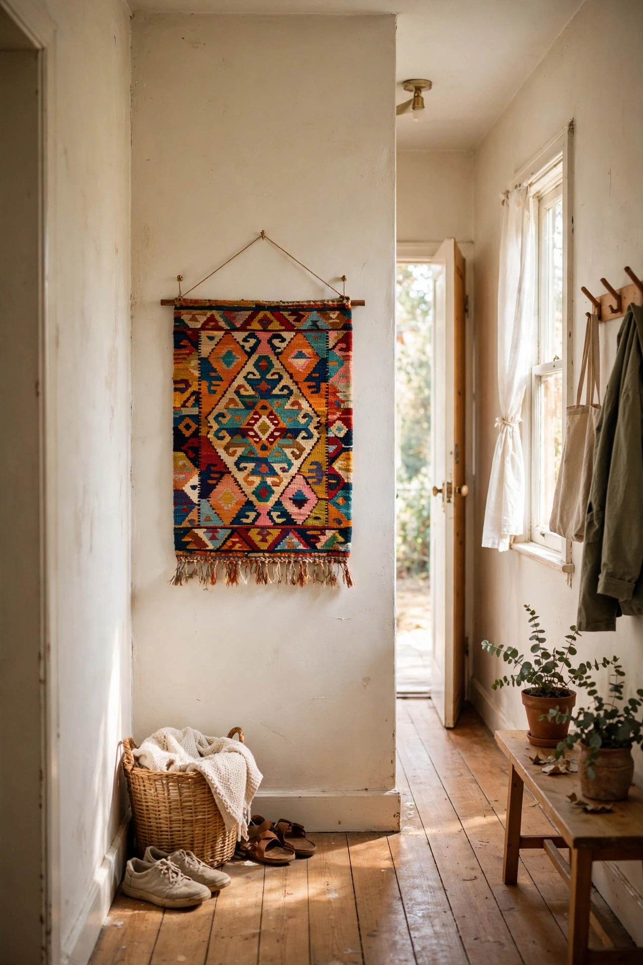 A thrifted kilim rug hung as a woven wall tapestry in a hallway