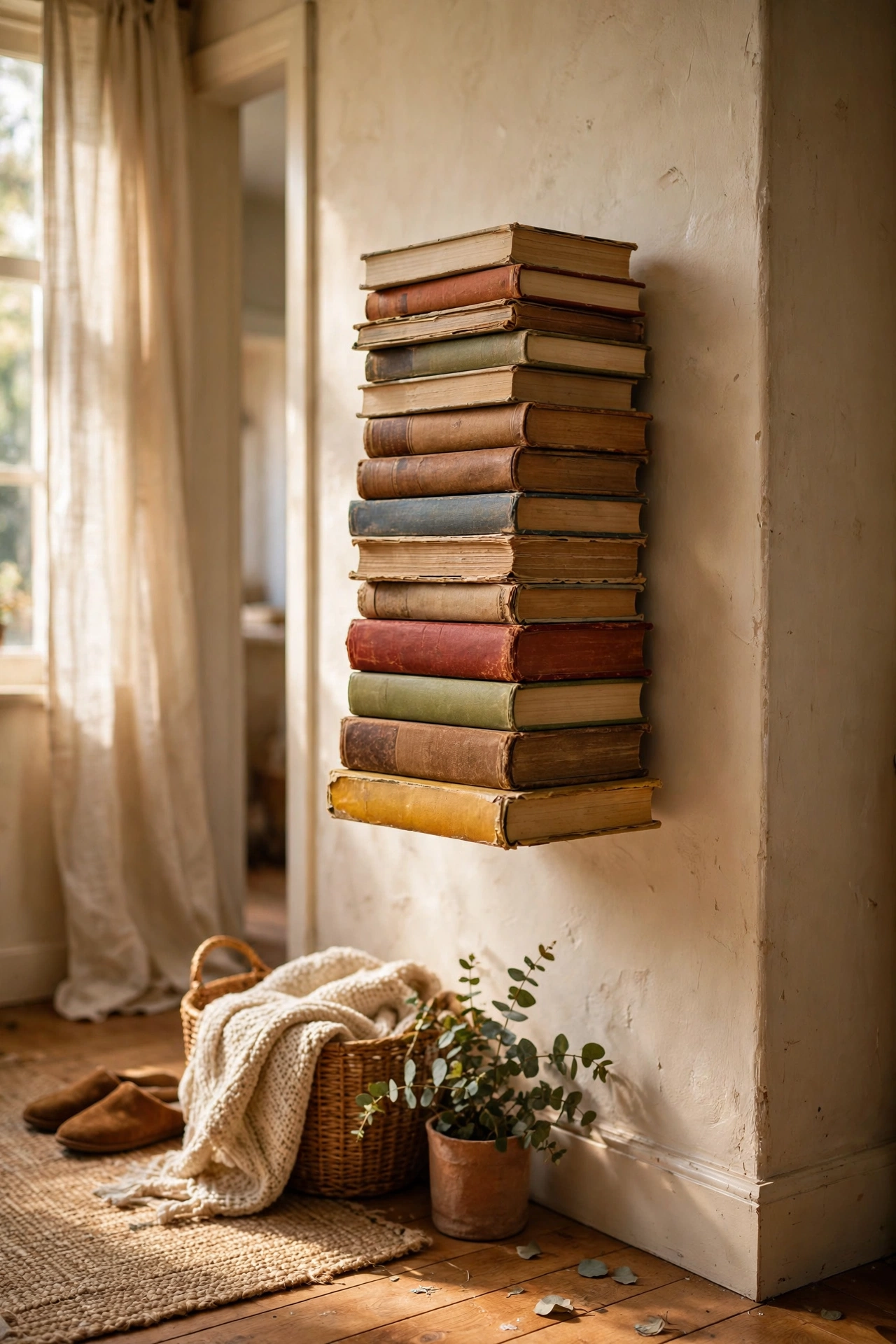Invisible bookshelves creating a floating book display on a hallway wall