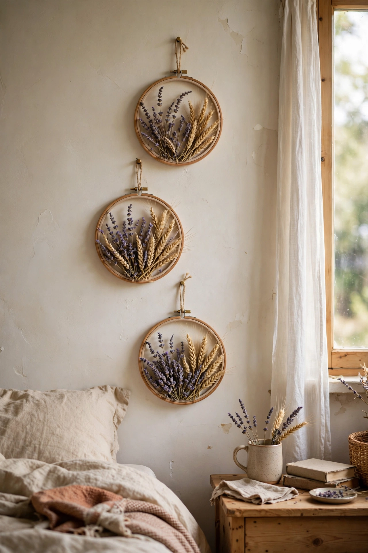 Embroidery hoops filled with dried flowers as delicate wall art