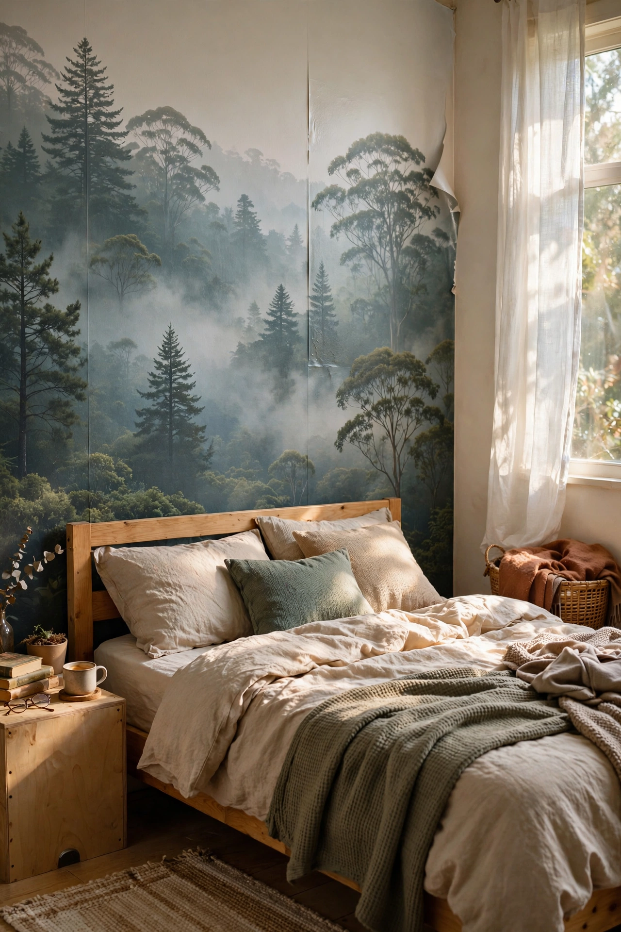 A peel-and-stick forest mural panel behind a bed as a feature wall