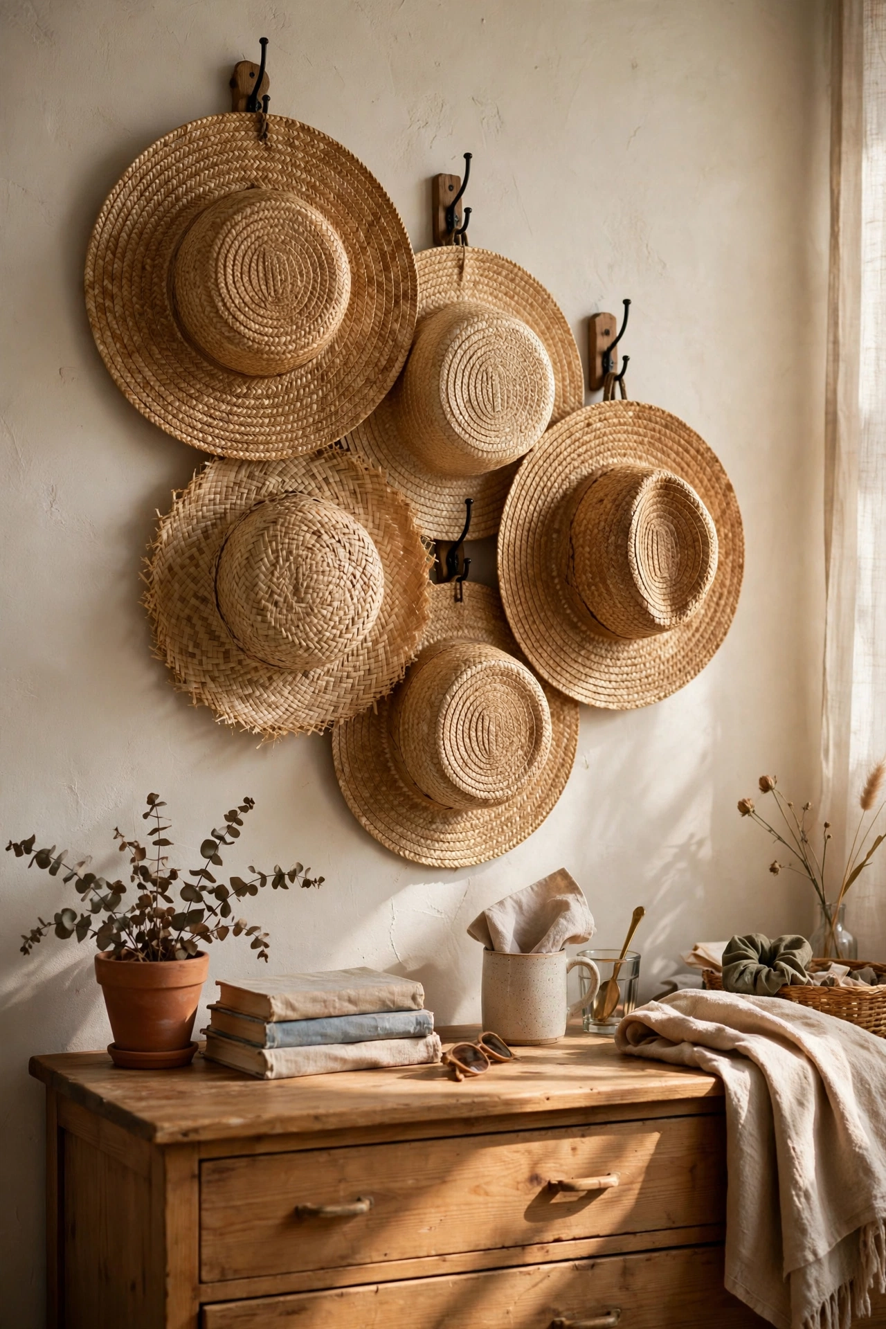 Straw hats hung on hooks as a sunny wall display over a dresser