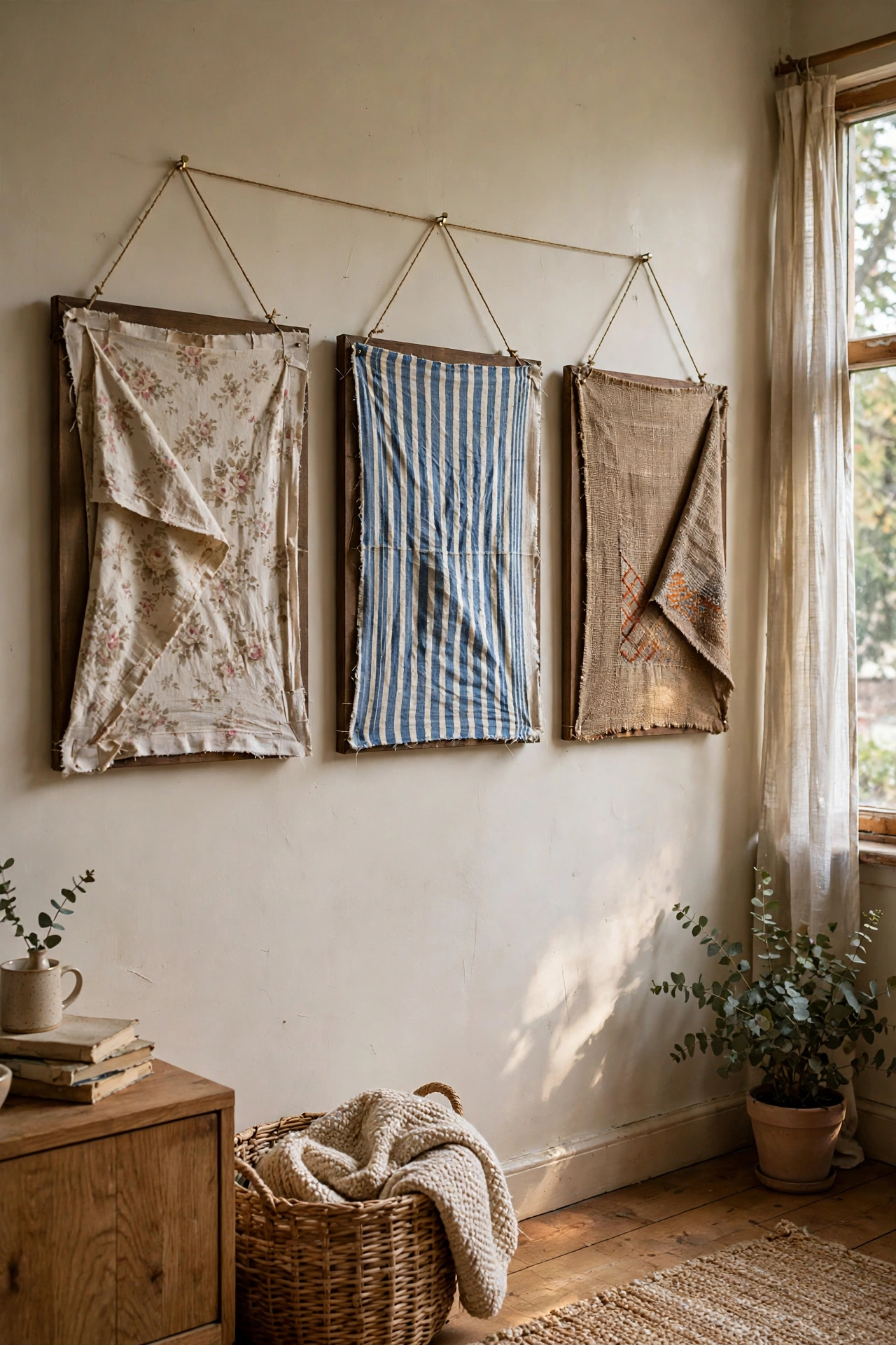 Fabric remnants stretched over canvas boards as a textile art triptych