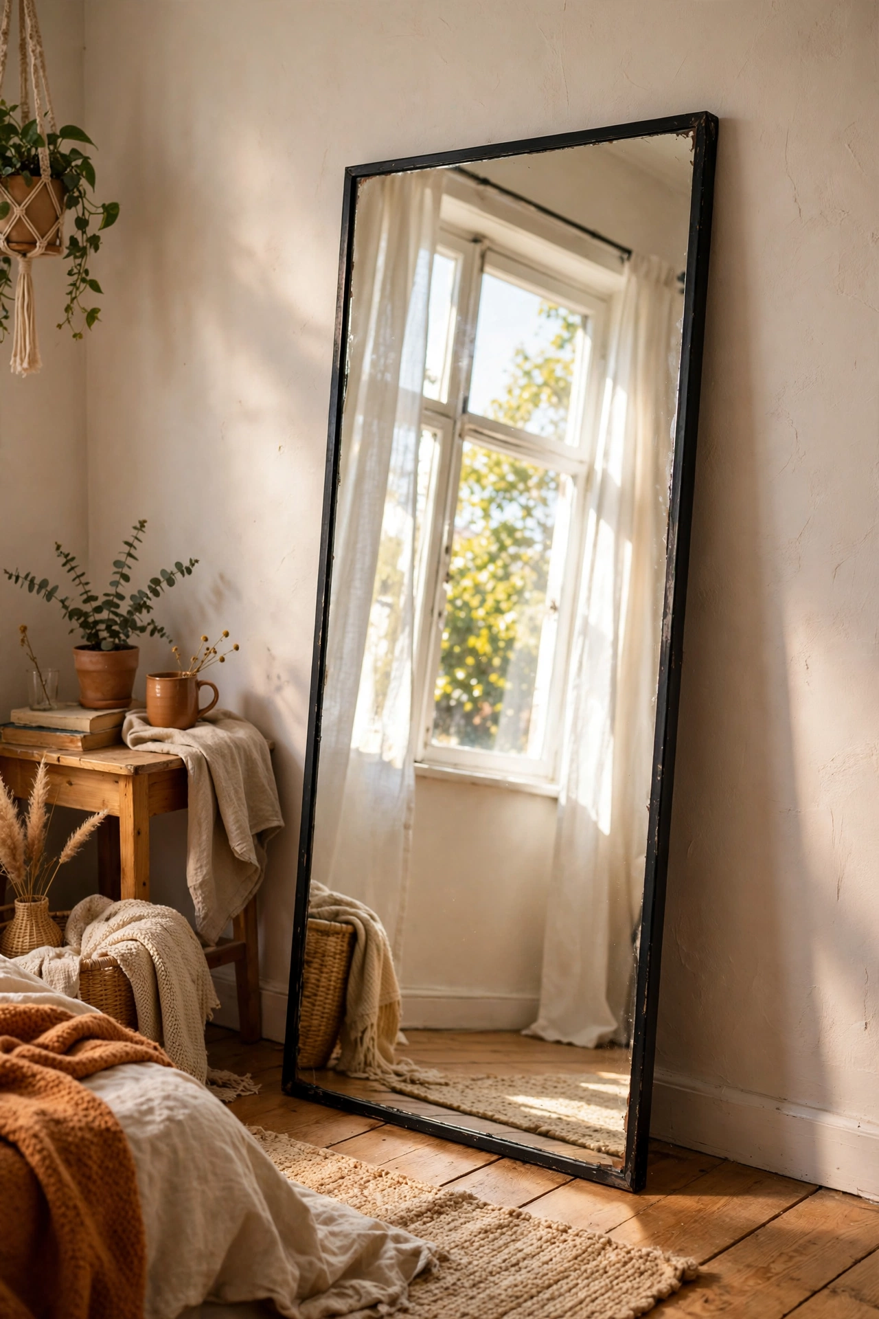 A full-length mirror leaned against a bedroom wall doubling the light