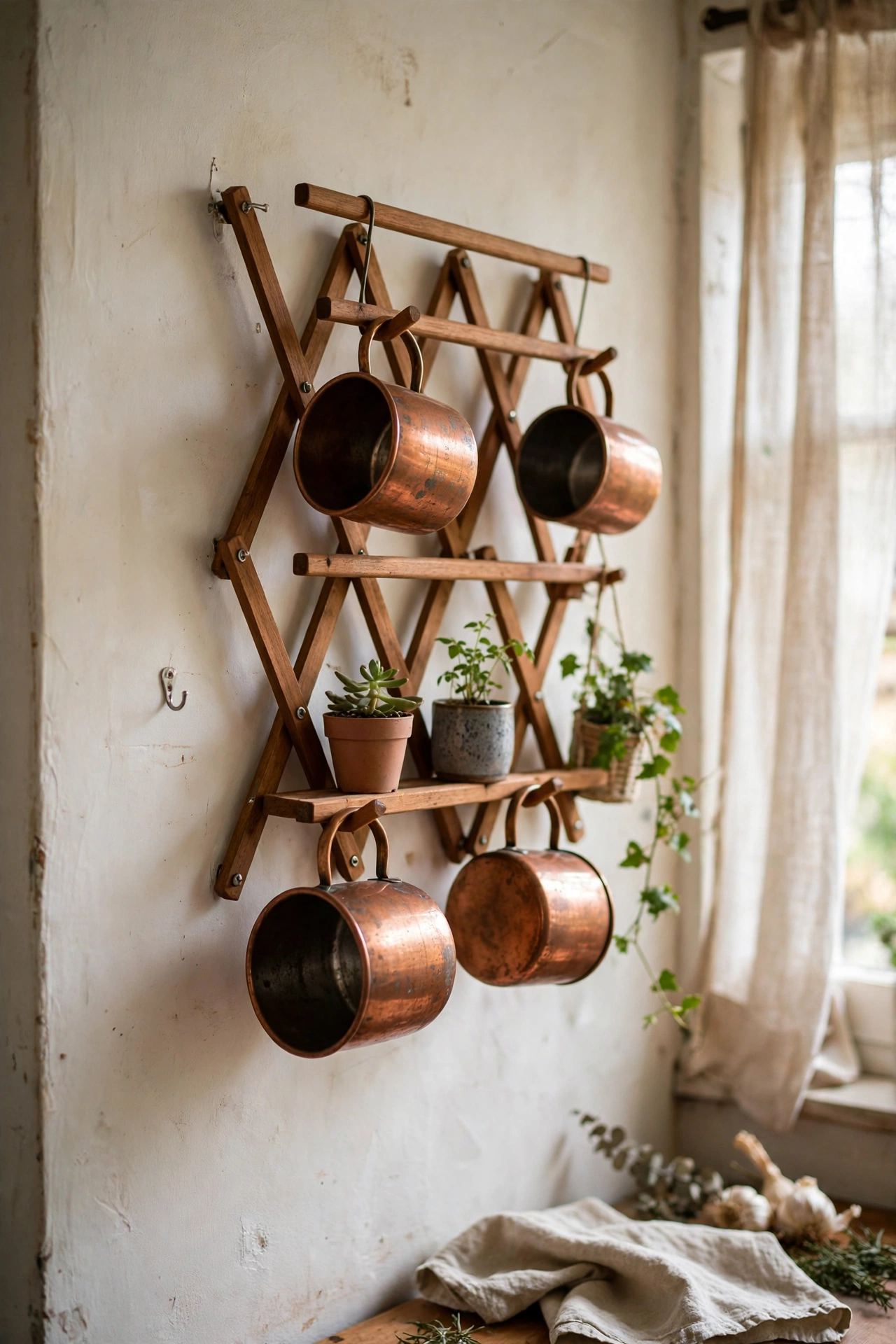 A wooden accordion drying rack on a kitchen wall holding mugs and plants