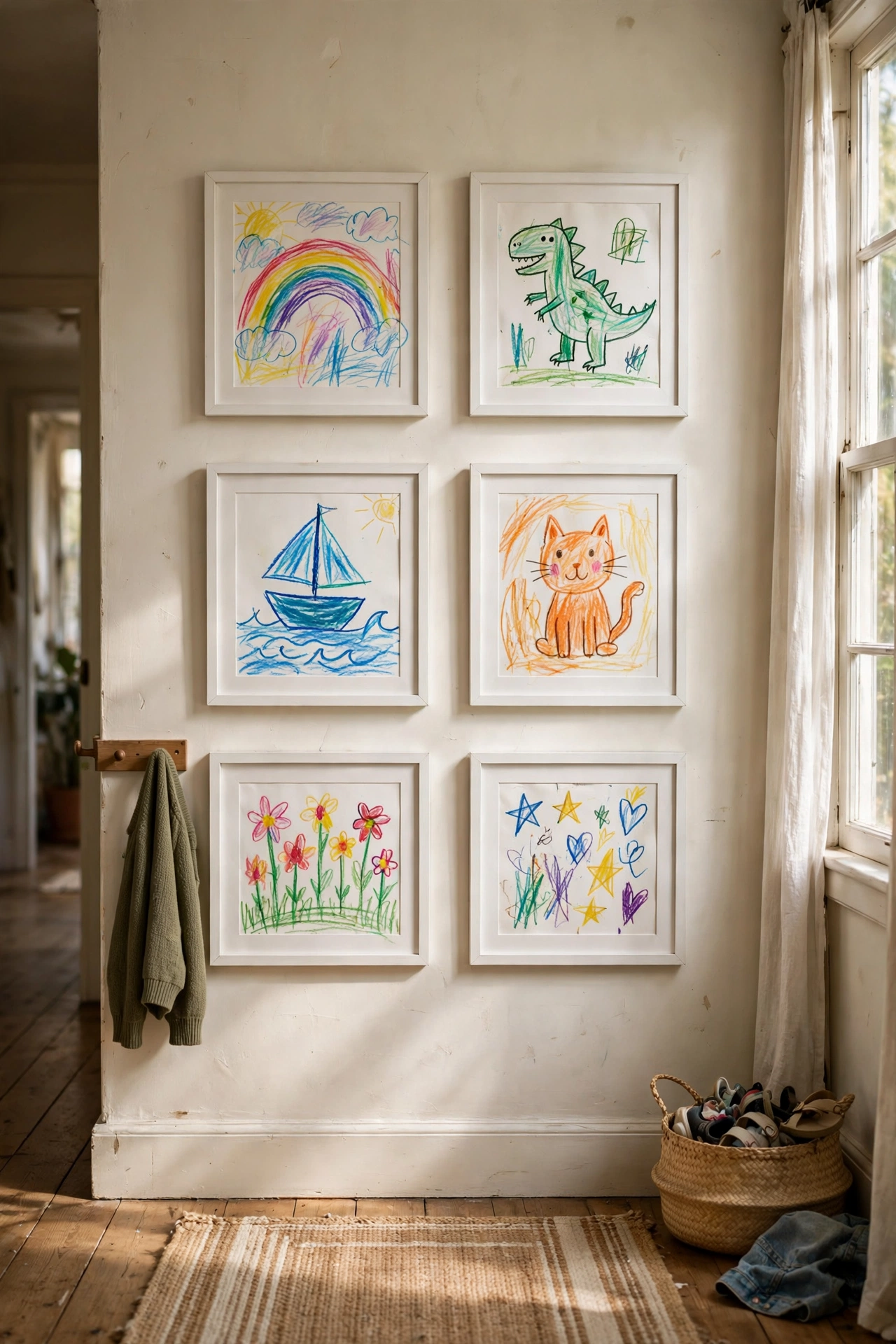 Children's paintings in matching white frames as a hallway gallery wall