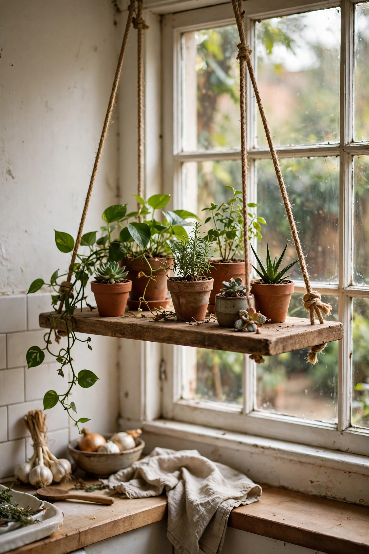 A wooden board hung by ropes as a floating plant shelf in front of a window