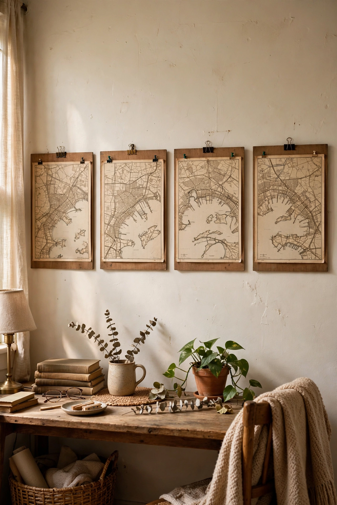 Old city maps mounted on boards as a personal travel gallery wall