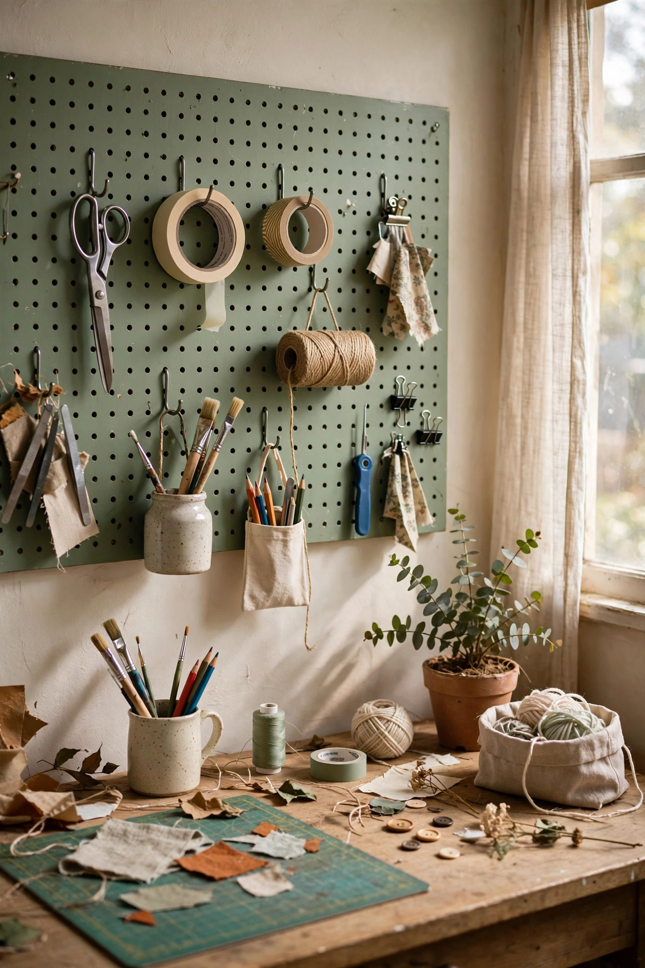 A painted pegboard organiser wall with hooks holding craft supplies