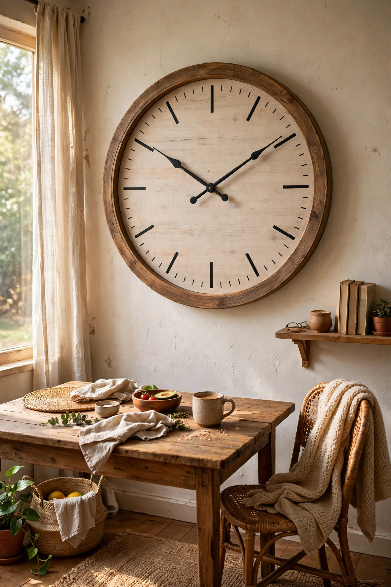 An oversized wooden wall clock as a statement piece on a dining wall