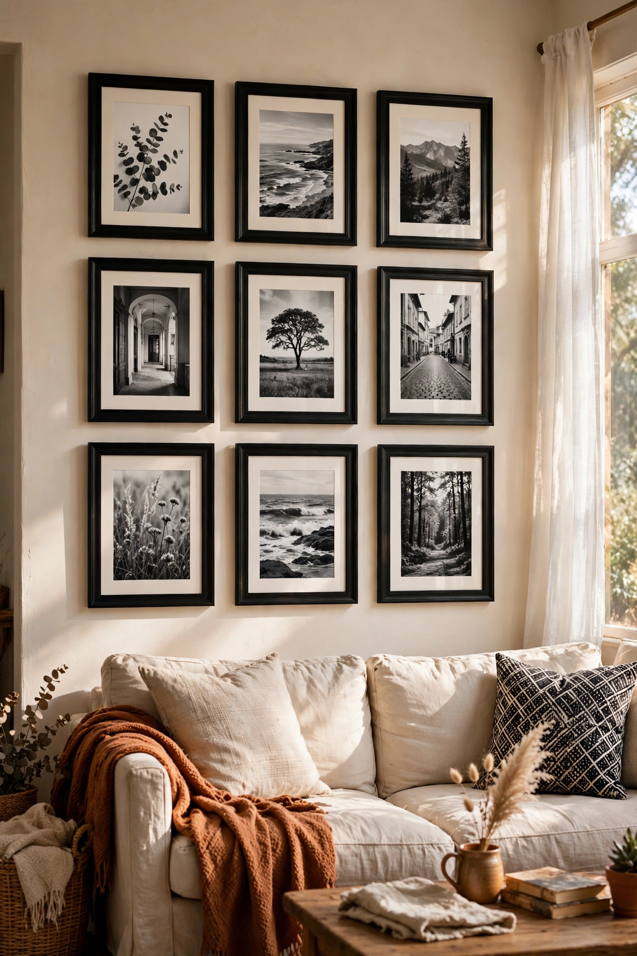 Nine identical black frames in a symmetrical grid gallery wall over a sofa