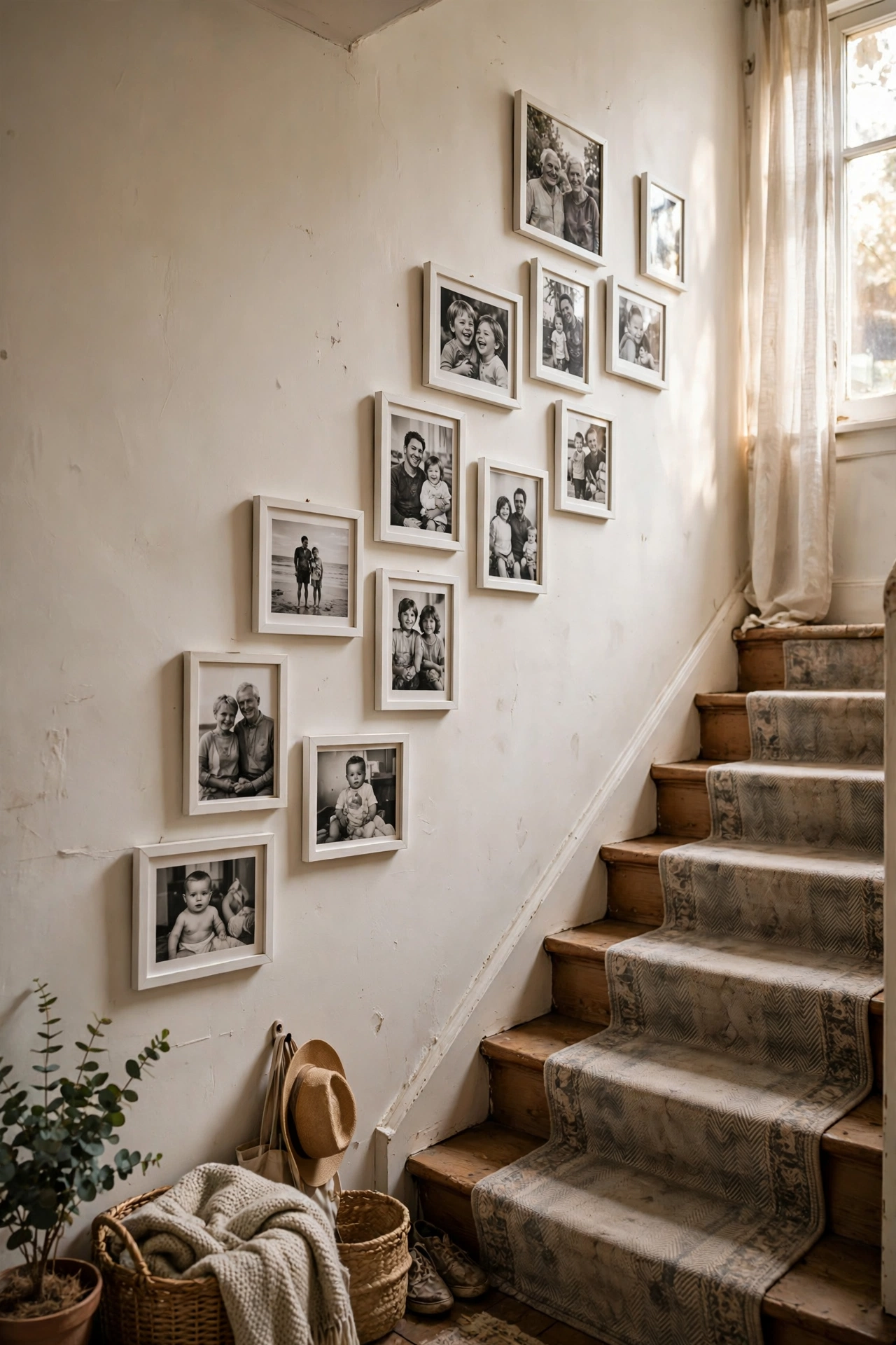 A staircase gallery wall of black and white family photos in white frames
