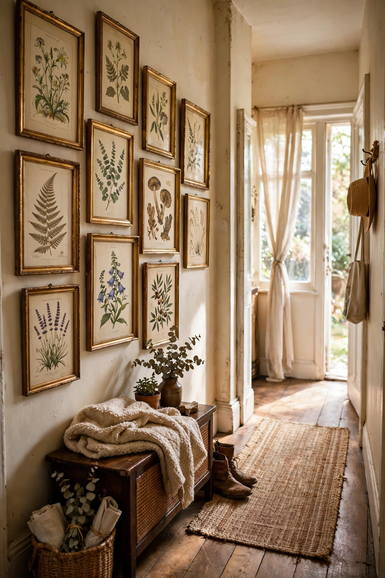 Vintage botanical prints in gold thrifted frames as a hallway gallery wall