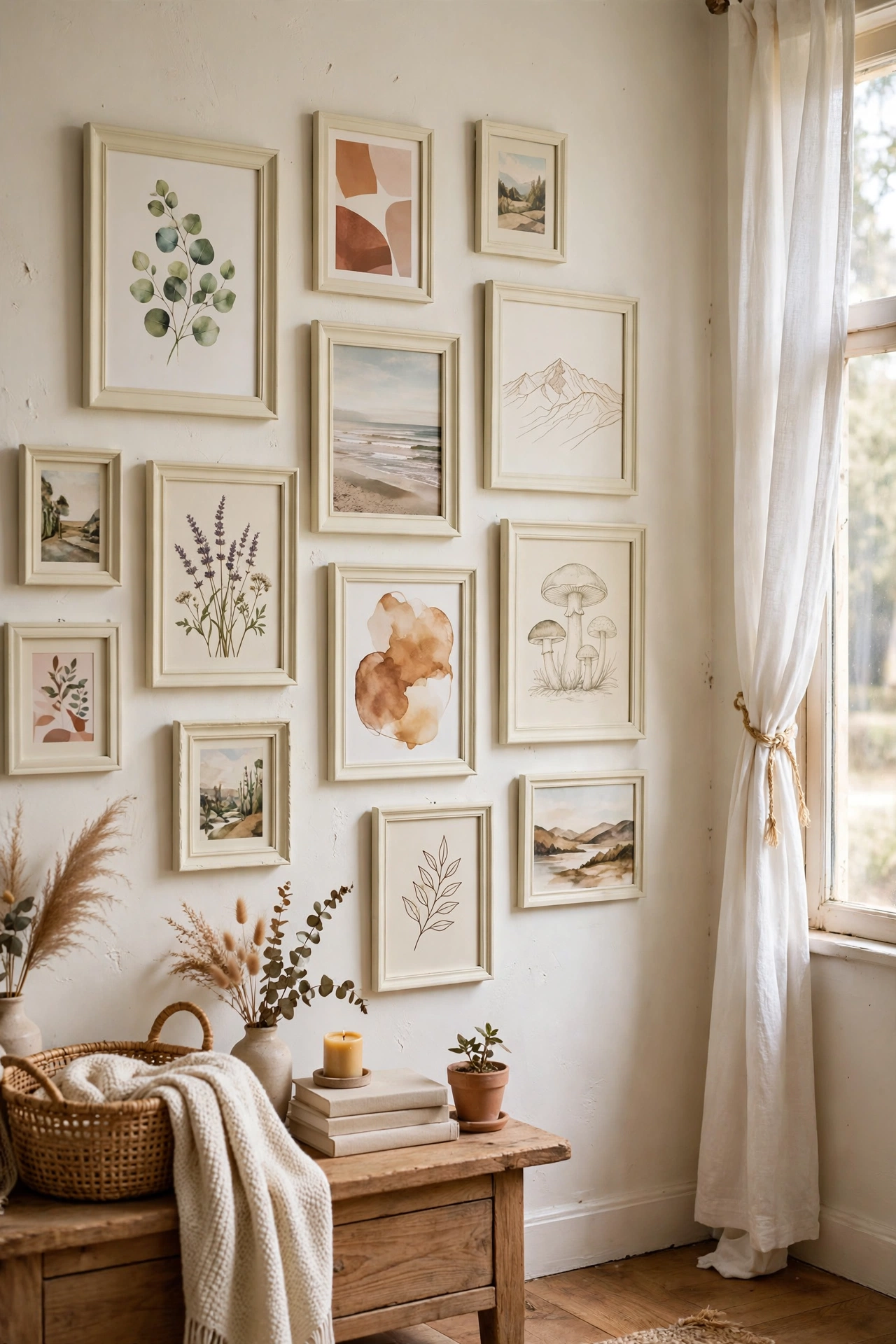 Mismatched frames spray-painted cream as a unified gallery wall