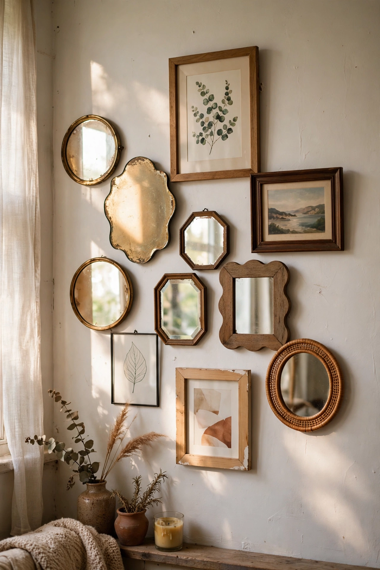 Small thrifted mirrors mixed among framed prints on a gallery wall