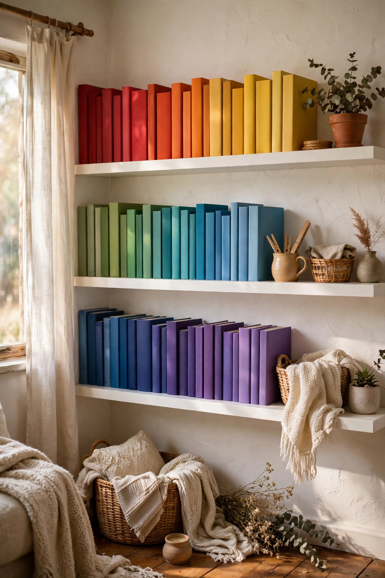 Books arranged in rainbow colour order on floating shelves as a gallery wall