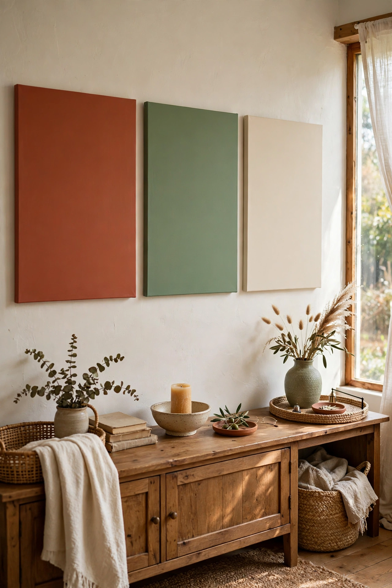 Three large canvases painted in terracotta, sage, and cream colour blocks
