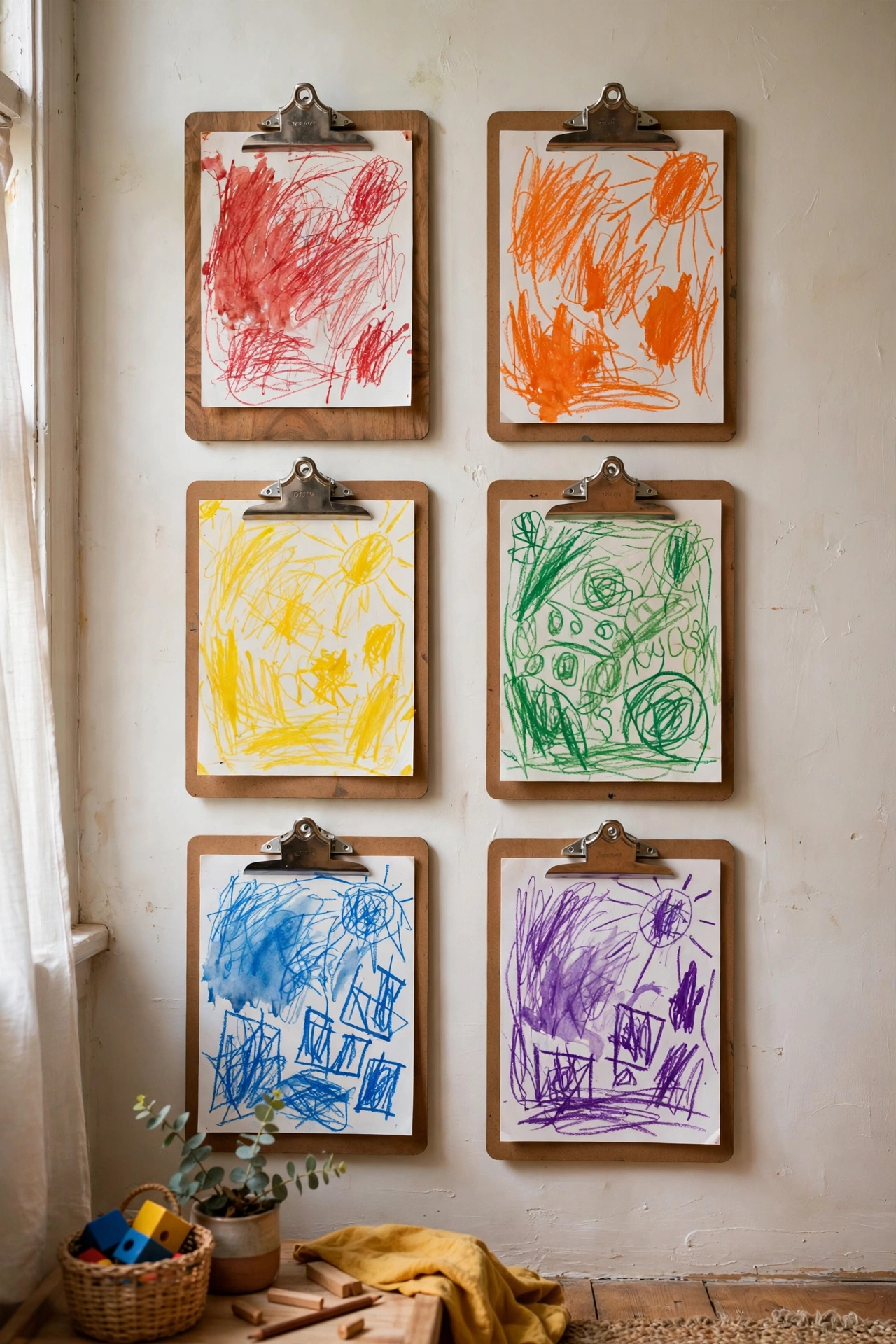 Children's paintings on clipboards arranged in colour order on a playroom wall