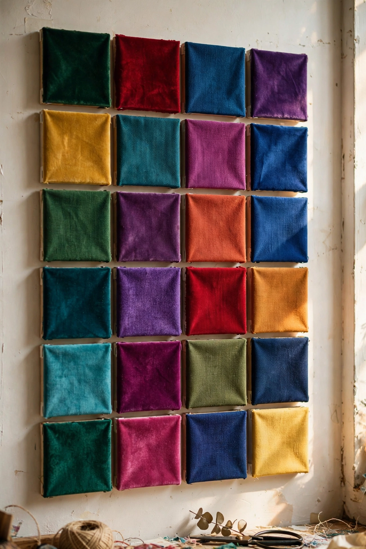 Bold fabric swatches stretched on canvas boards in a tight grid gallery wall