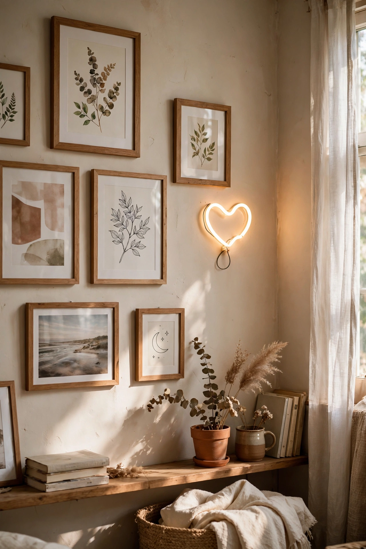 A small warm-white LED script sign among framed prints on a bedroom gallery wall