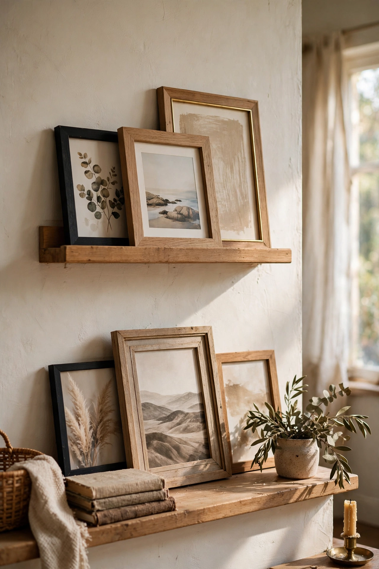 Layered frames on picture ledges as a renter-friendly gallery wall