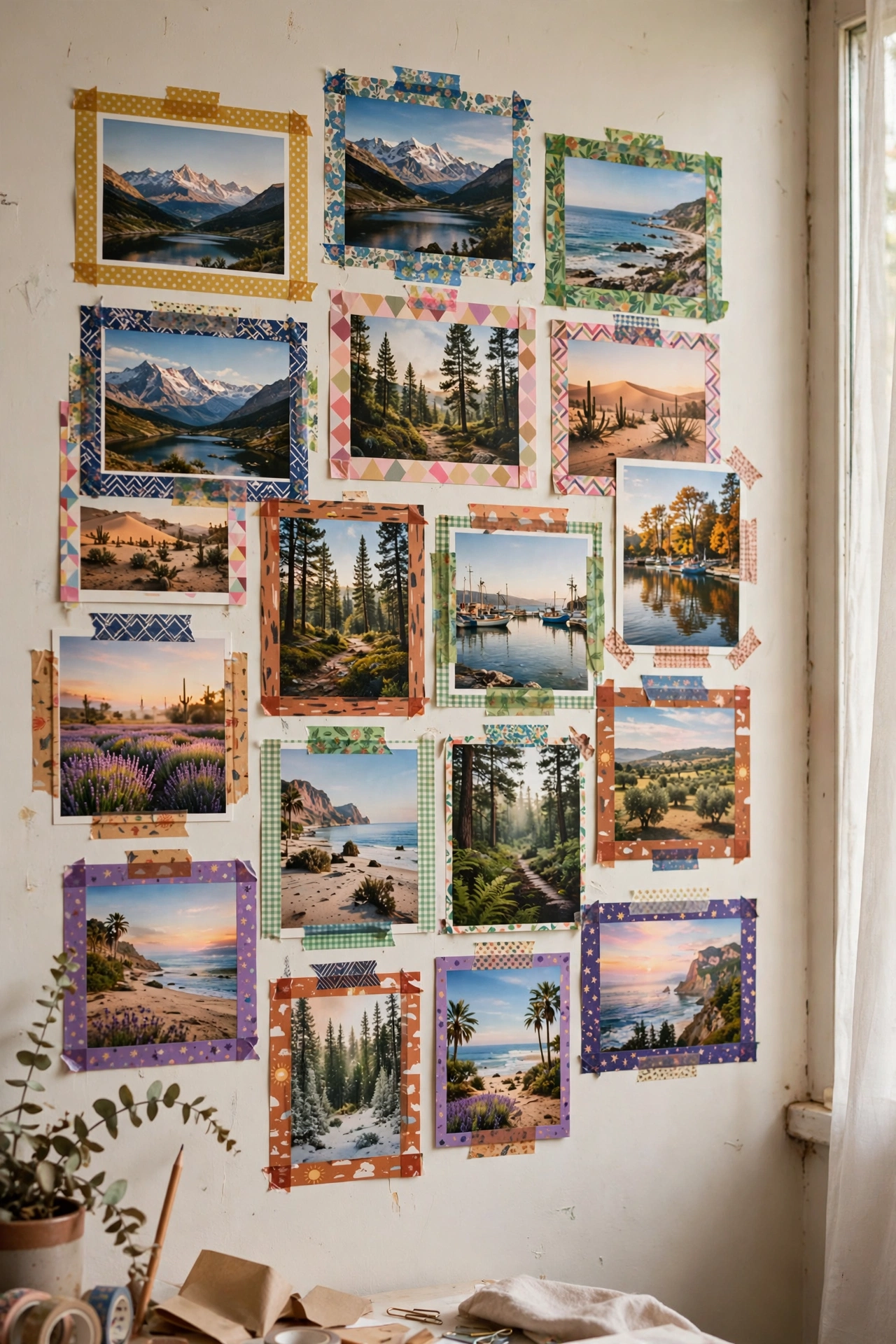 Postcards with patterned washi tape borders as a fast gallery wall