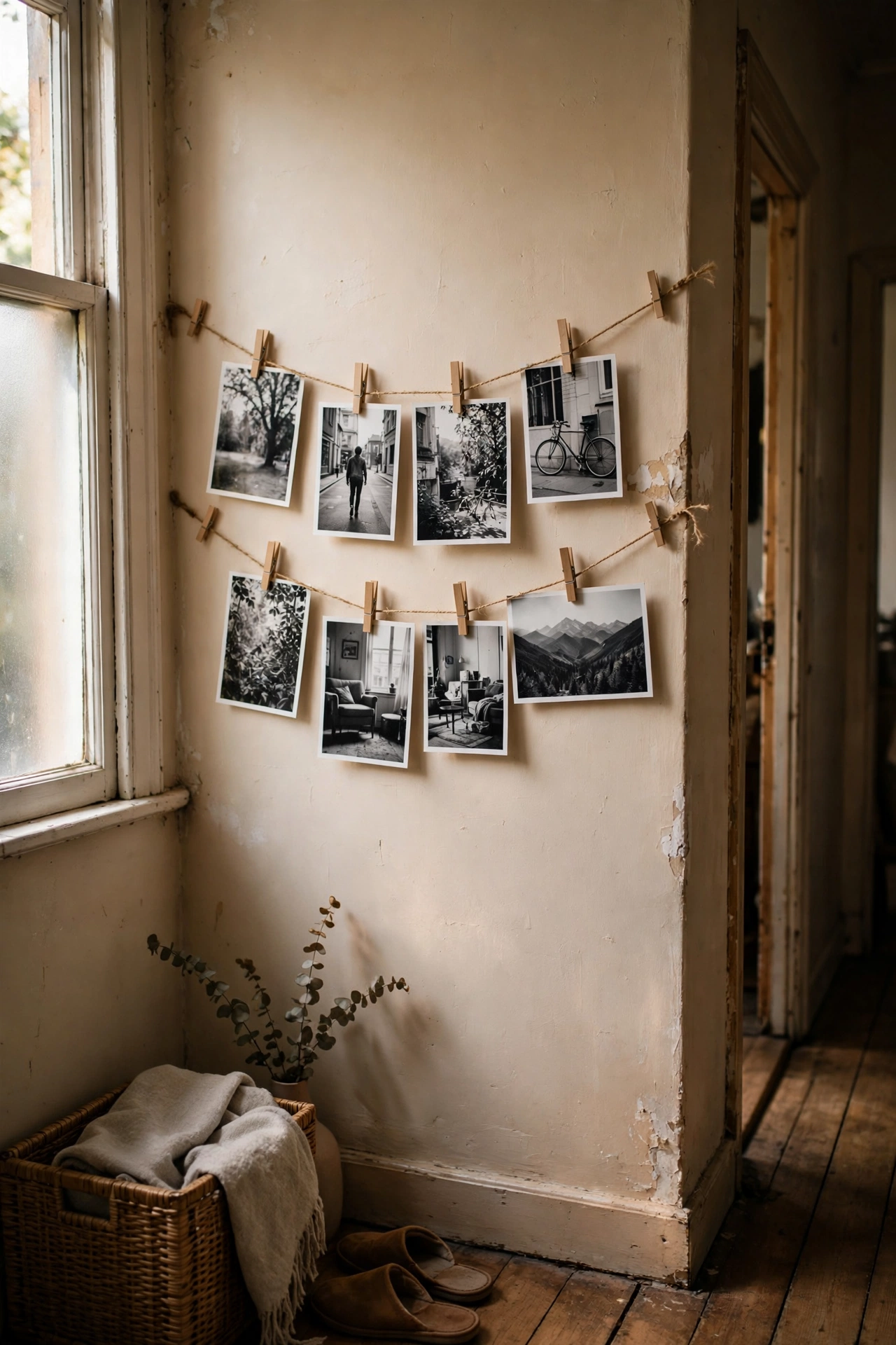 Twine strung across a hallway wall with photos clipped on wooden pegs