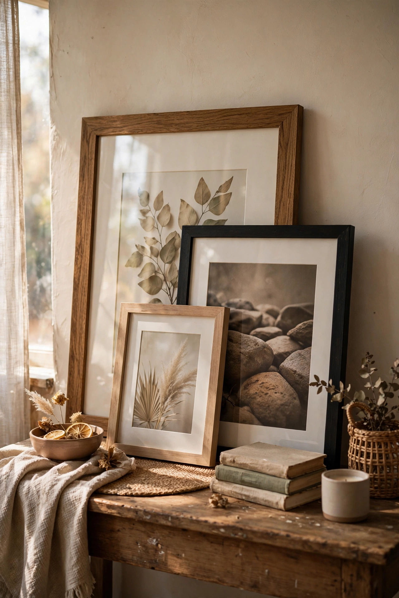 Large frames layered and leaning on a console table as a no-nail gallery