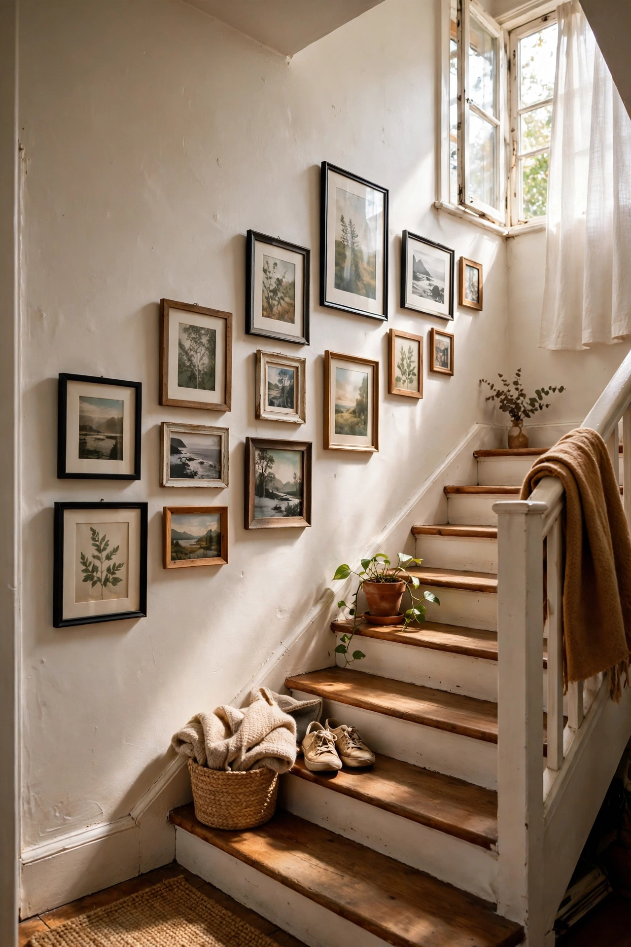Framed photos following the angle of a staircase wall