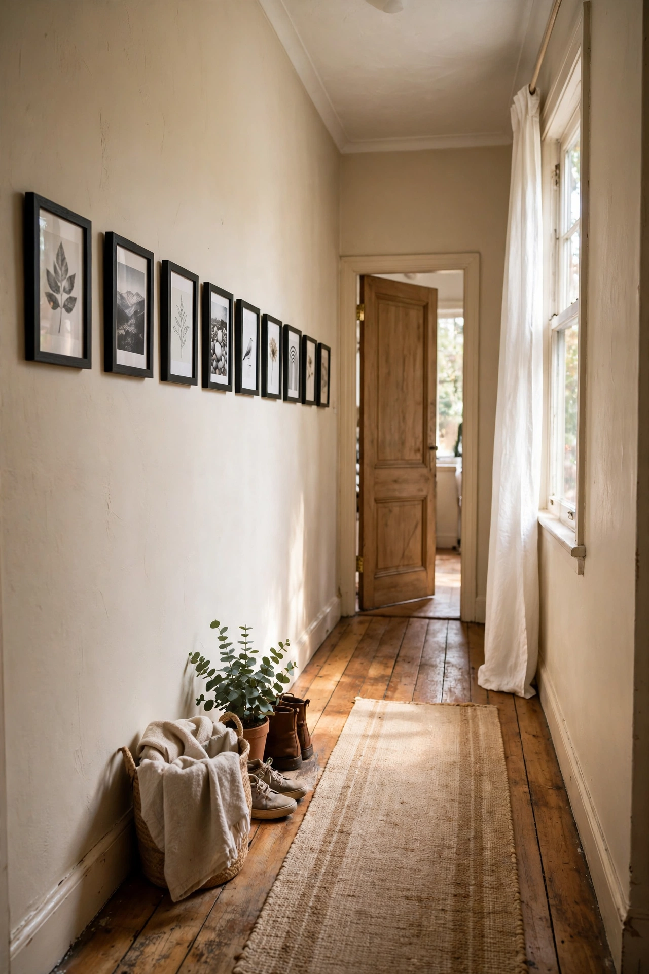 A single straight row of small frames at eye level down a narrow hallway