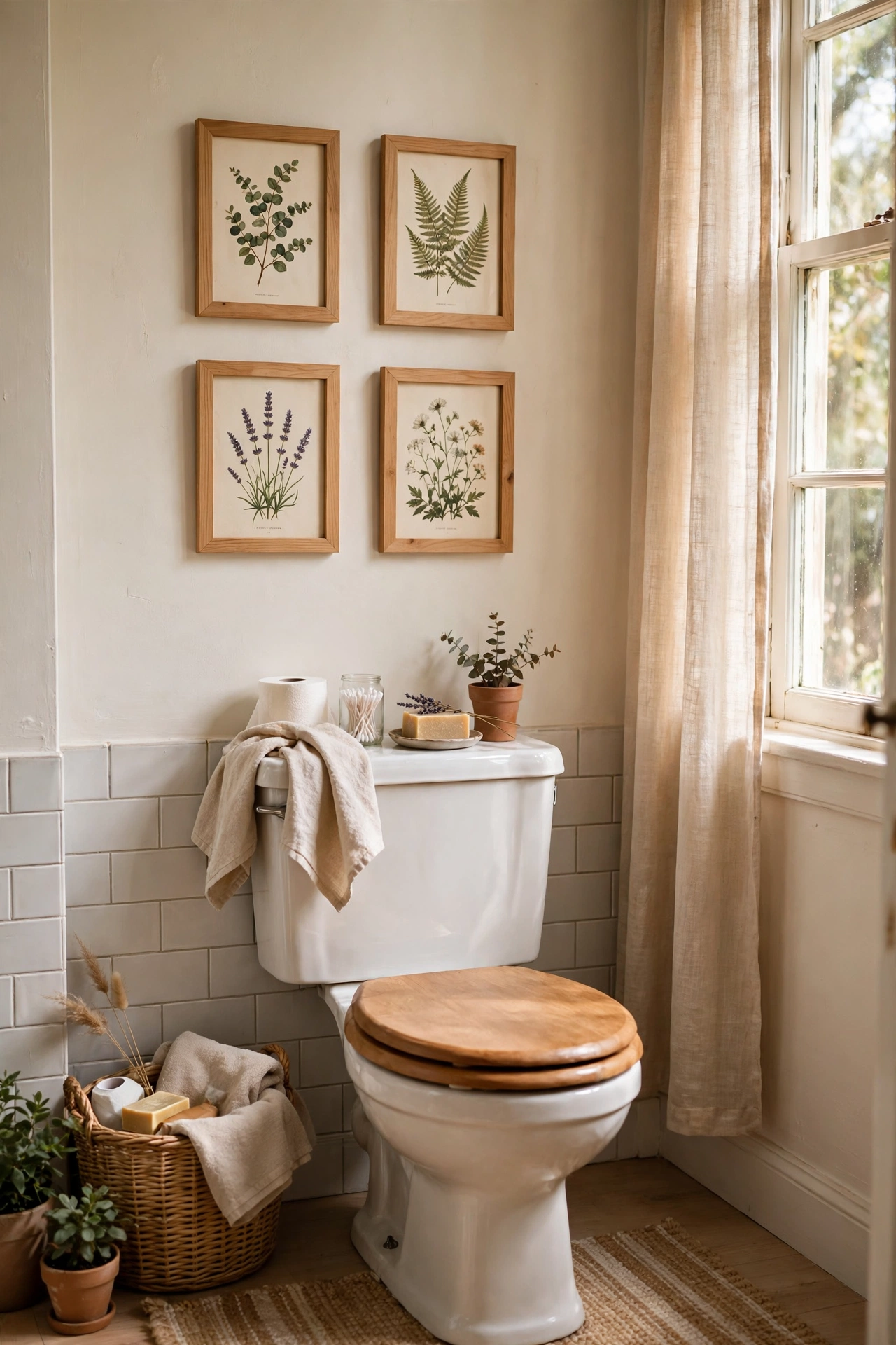Small funny botanical prints in frames above a toilet in a bathroom